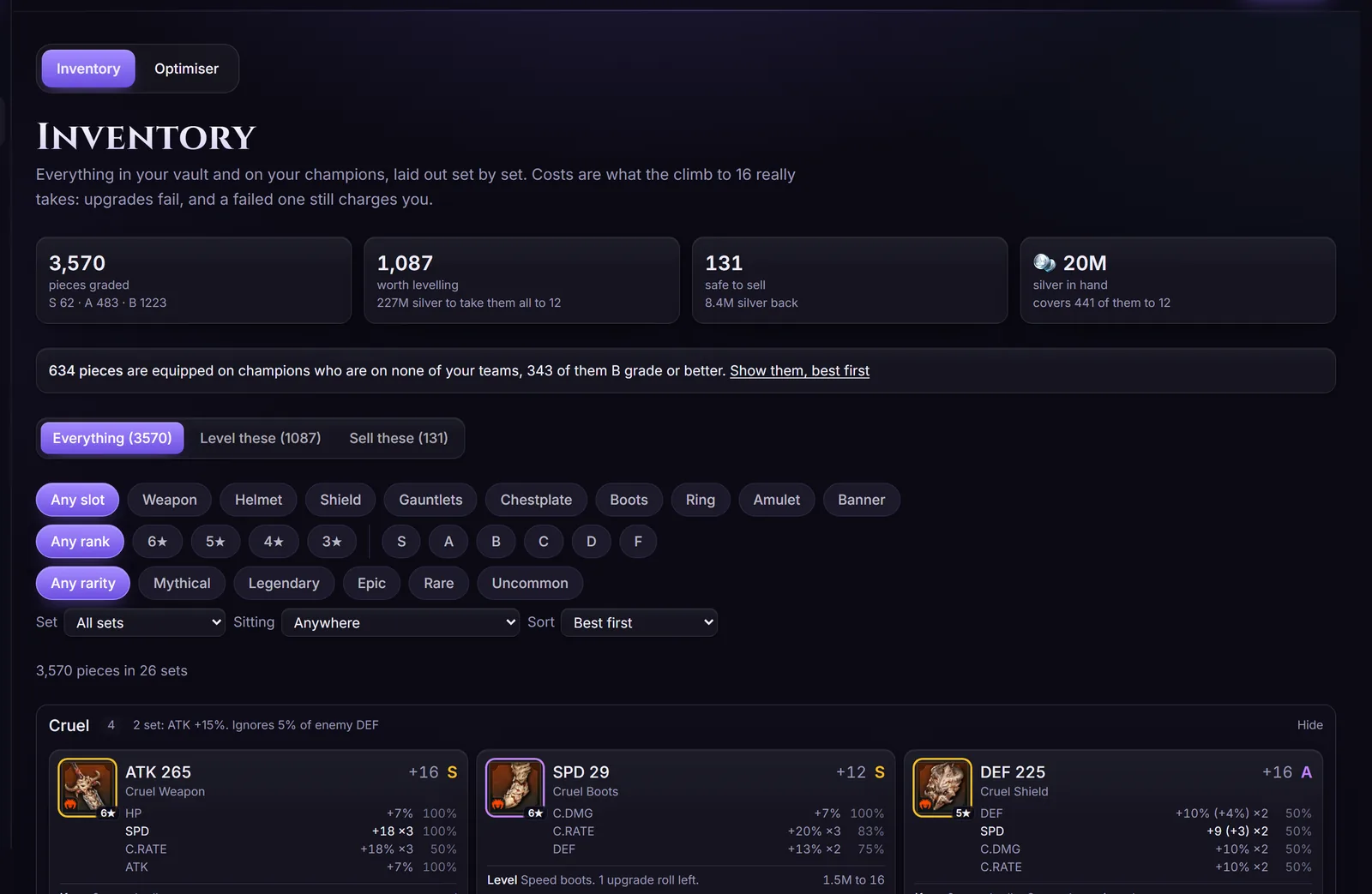 The inventory: 3,570 pieces graded, 1,087 worth levelling, 131 safe to sell, filtered by slot, rank and rarity